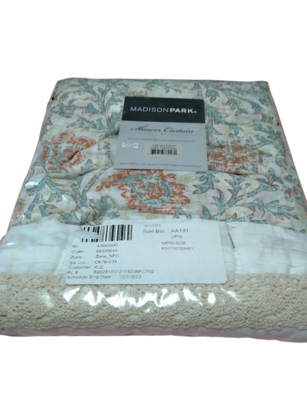Madison Park Dawn Cotton Shower Curtain 72 X 72 MP70-3038 Floral Lace NEW